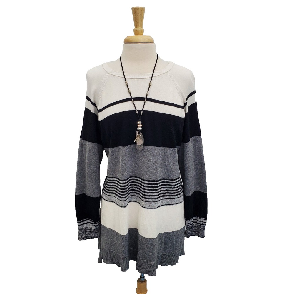 Vince Camuto Striped Tunic Sweater Gray Black Ivory Long Sleeve Plus 2X Soft